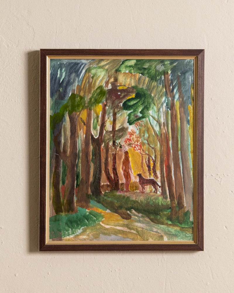 Forest Scene w/ Woman & Dog Oil Painting by Koshel, Ukraine, 1981 - Lone Fox