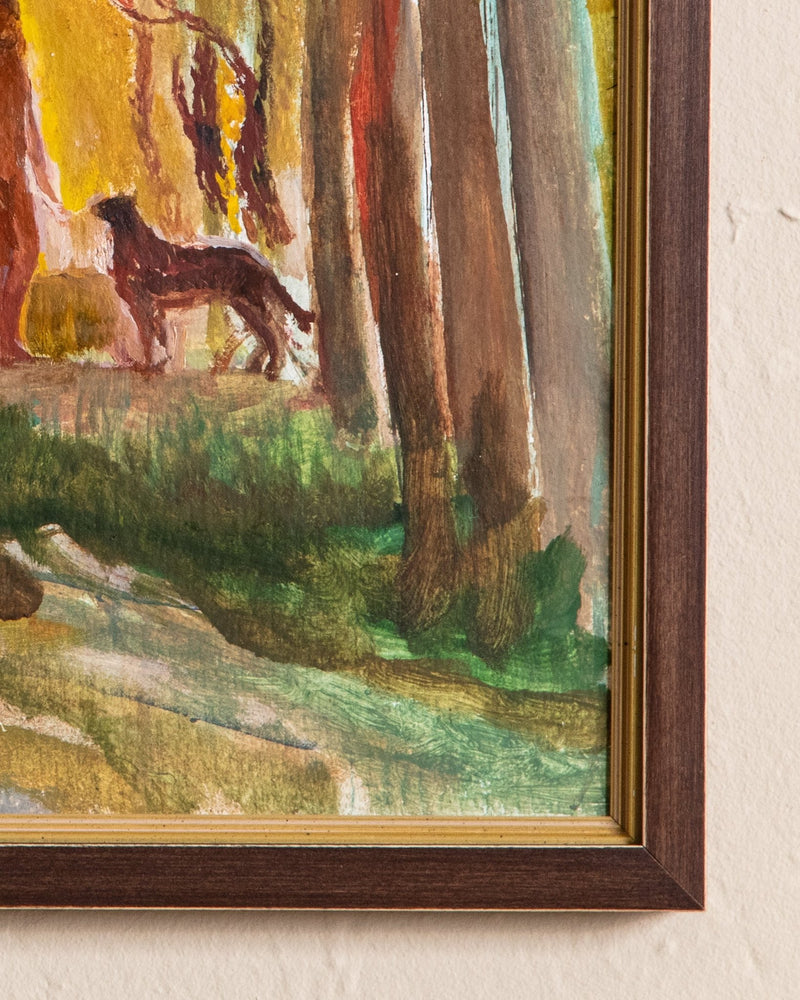 Forest Scene w/ Woman & Dog Oil Painting by Koshel, Ukraine, 1981 - Lone Fox