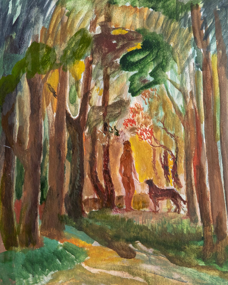 Forest Scene w/ Woman & Dog Oil Painting by Koshel, Ukraine, 1981 - Lone Fox