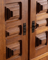 Four Door Brualist Oak Cabinet w/ Stacked Panels, France, 1960's - Lone Fox