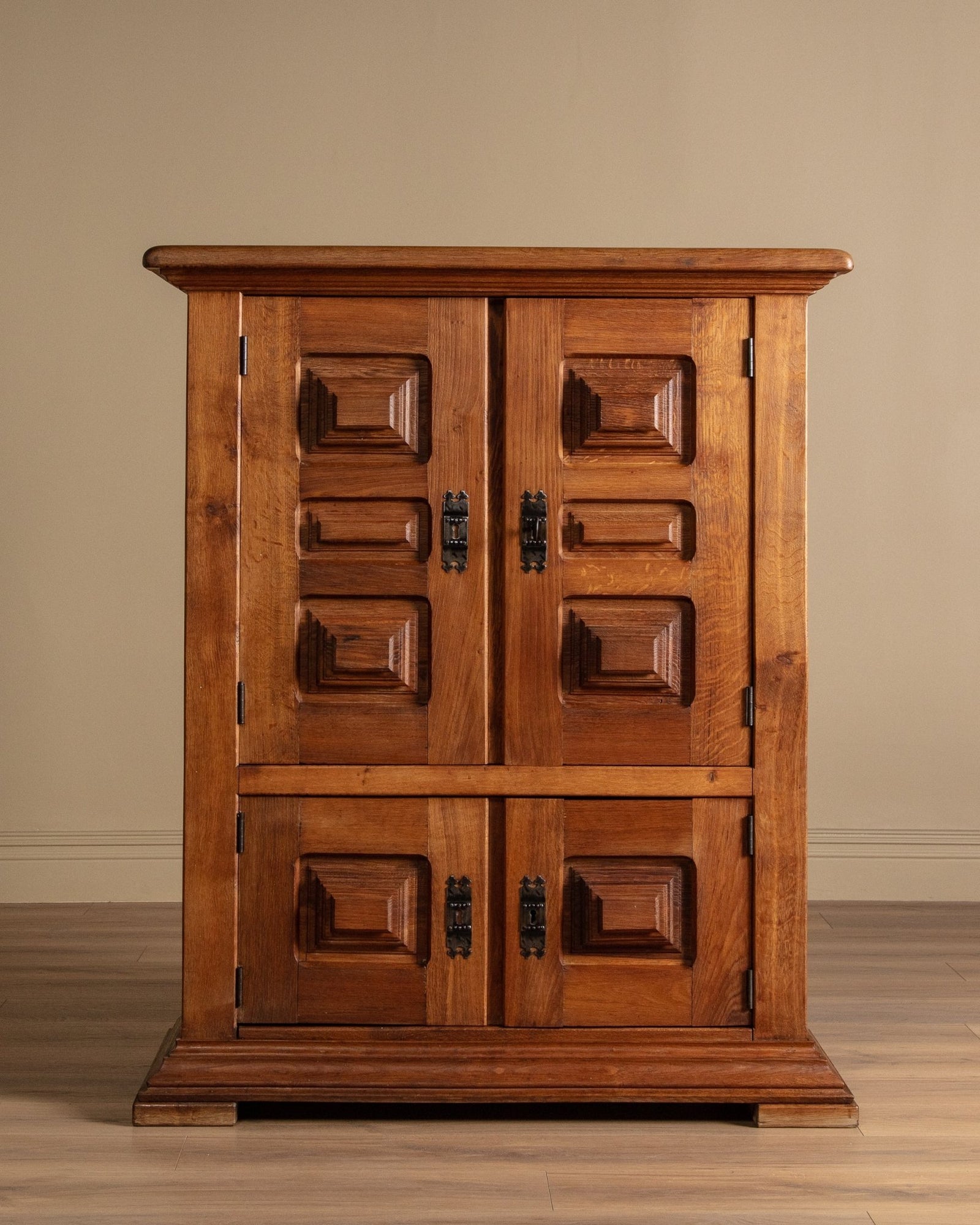 Four Door Brualist Oak Cabinet w/ Stacked Panels, France, 1960's
