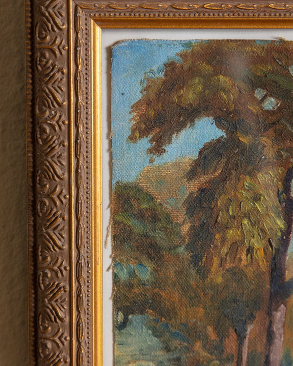 Framed Tree Scenery Oil Painting on Canvas, 1950's - Lone Fox