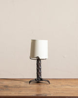 French Arts & Crafts Bronze Table Lamp w/ Linen Shade, 1920's - Lone Fox