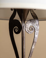 French Iron Scroll Base Table Lamp w/ Cotton Shade, 1910s - Lone Fox