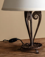 French Iron Scroll Base Table Lamp w/ Cotton Shade, 1910s - Lone Fox
