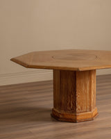 French Large Oak Octagonal Pedestal Table w/ Central Lazy Susan, 1960's - Lone Fox