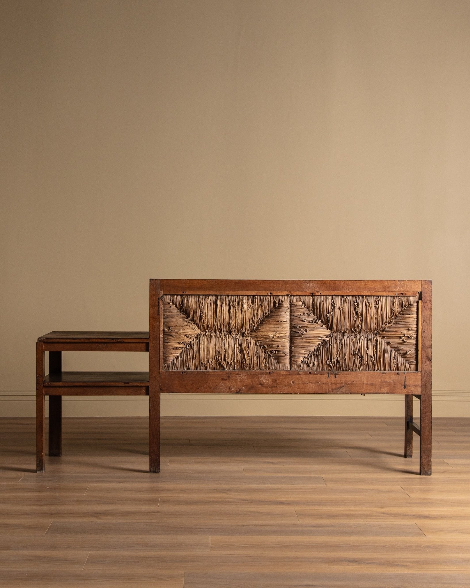 French Oak & Rush Bench w/ Integrated Side Table, 1940's – Lone Fox