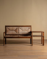 French Oak & Rush Bench w/ Integrated Side Table, 1940's - Lone Fox