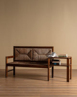 French Oak & Rush Bench w/ Integrated Side Table, 1940's - Lone Fox