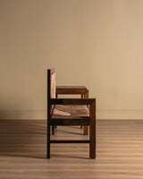 French Oak & Rush Bench w/ Integrated Side Table, 1940's - Lone Fox