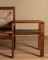 French Oak & Rush Bench w/ Integrated Side Table, 1940's - Lone Fox