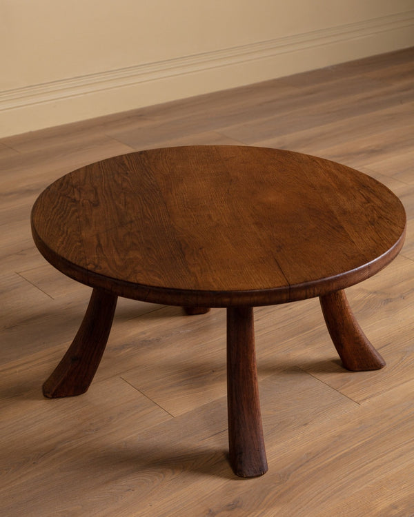 French Round Oak Coffee Table w/ Flared Legs, 1960's - Lone Fox
