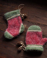 Fuzzy Felt Mitten Ornaments with Pinecone (Set of 3) - Lone Fox