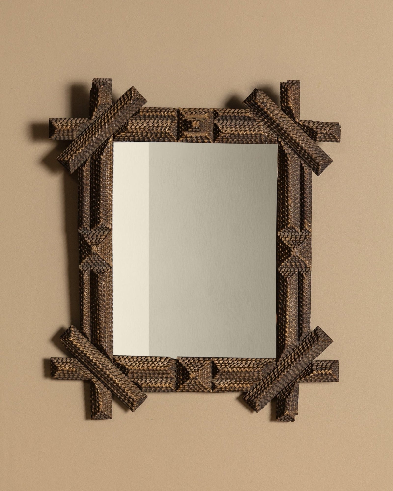 Gilded Tramp Art Mirror with Exaggerated Corners, American, 19th