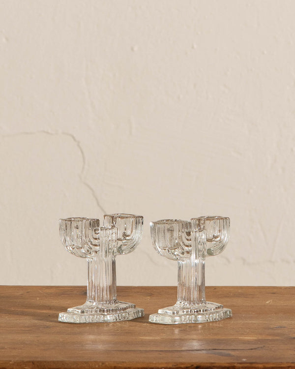 Glass Art Deco Double Taper Holders (Set of 2) - Lone Fox