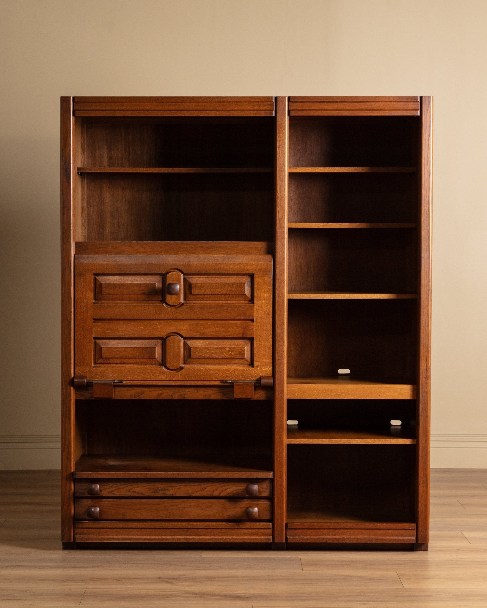 Guillerme et Chambron Oak Bookcase Desk Combination, France, 1970s - Lone Fox