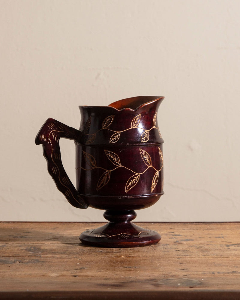Hand Carved Dark Wood Etched Floral Pitcher - Lone Fox