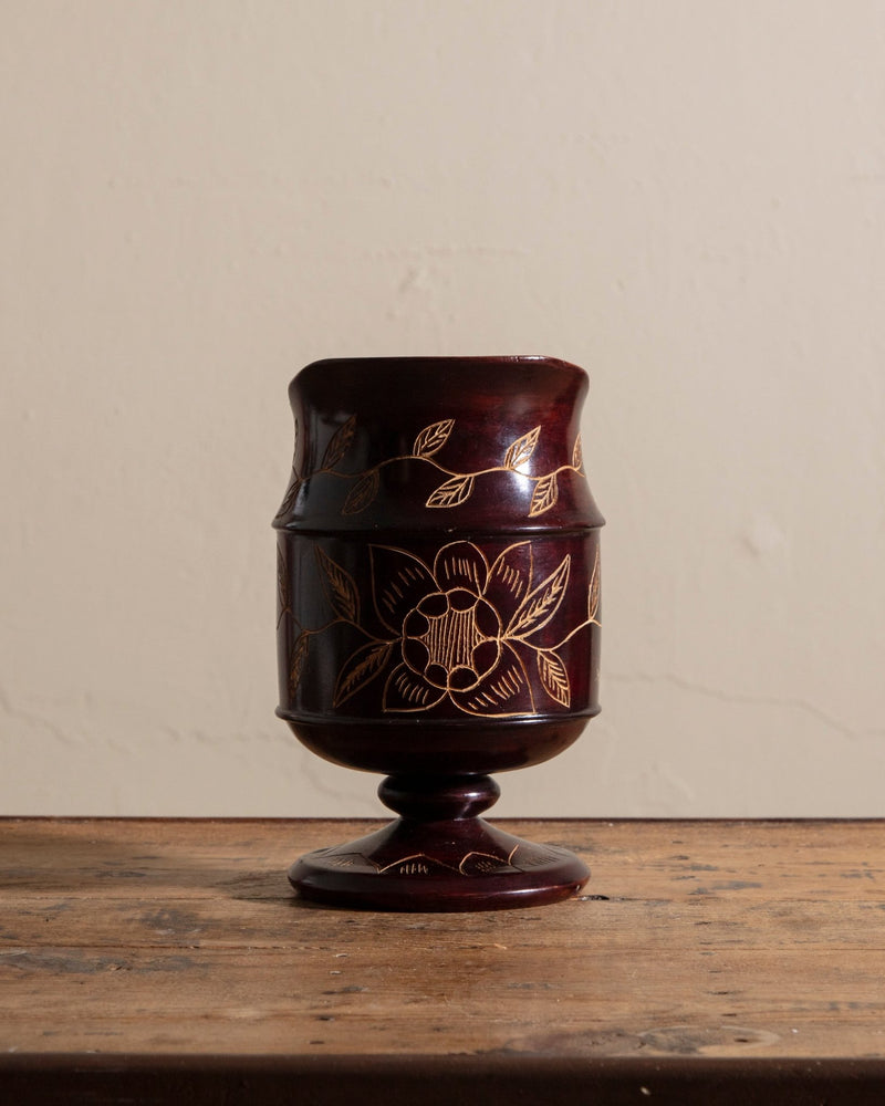 Hand Carved Dark Wood Etched Floral Pitcher - Lone Fox