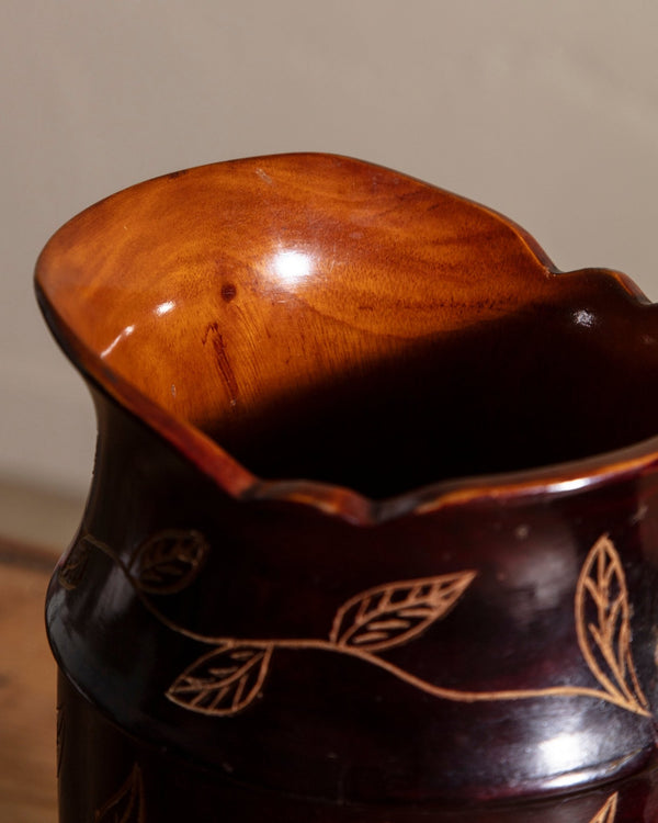 Hand Carved Dark Wood Etched Floral Pitcher - Lone Fox