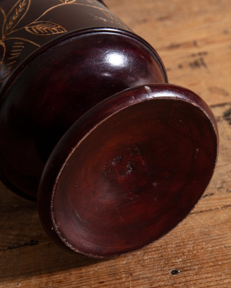 Hand Carved Dark Wood Etched Floral Pitcher - Lone Fox
