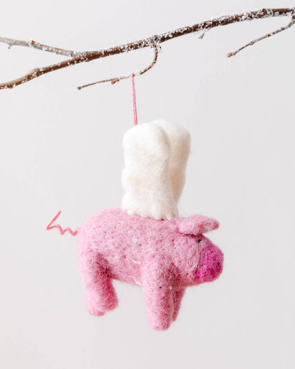 Hand Felted Flying Pig Ornament - Lone Fox