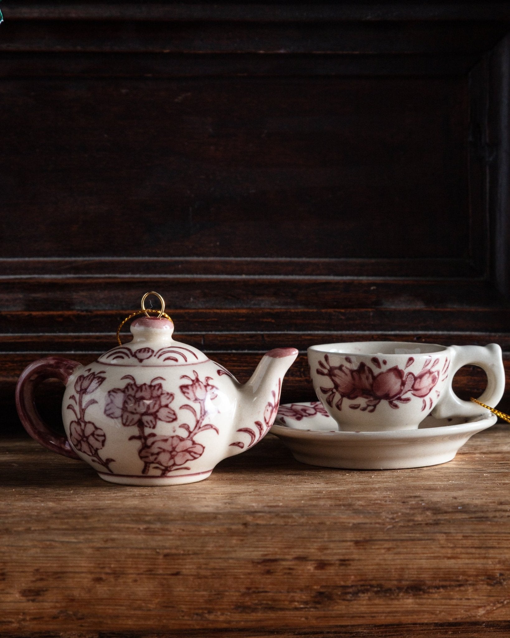 Hand Painted Ceramic Teapot & Teacup Ornaments (Set of 2) - Lone Fox