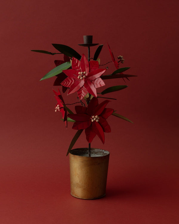 Hand - Painted Metal Toleware Poinsettia Taper Holder - Lone Fox