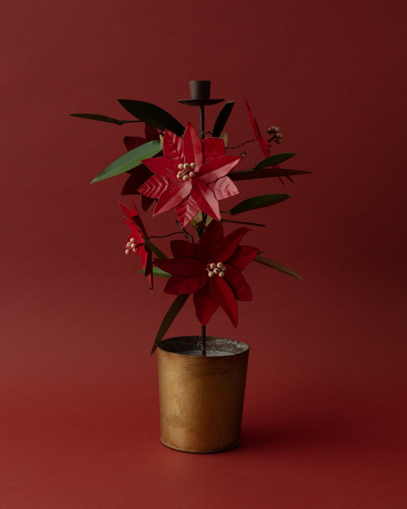 Hand - Painted Metal Toleware Poinsettia Taper Holder - Lone Fox