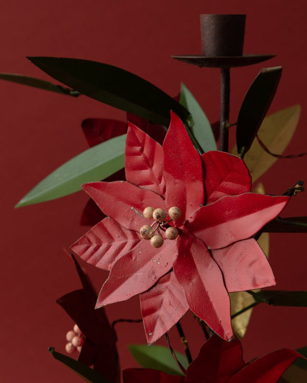 Hand - Painted Metal Toleware Poinsettia Taper Holder - Lone Fox