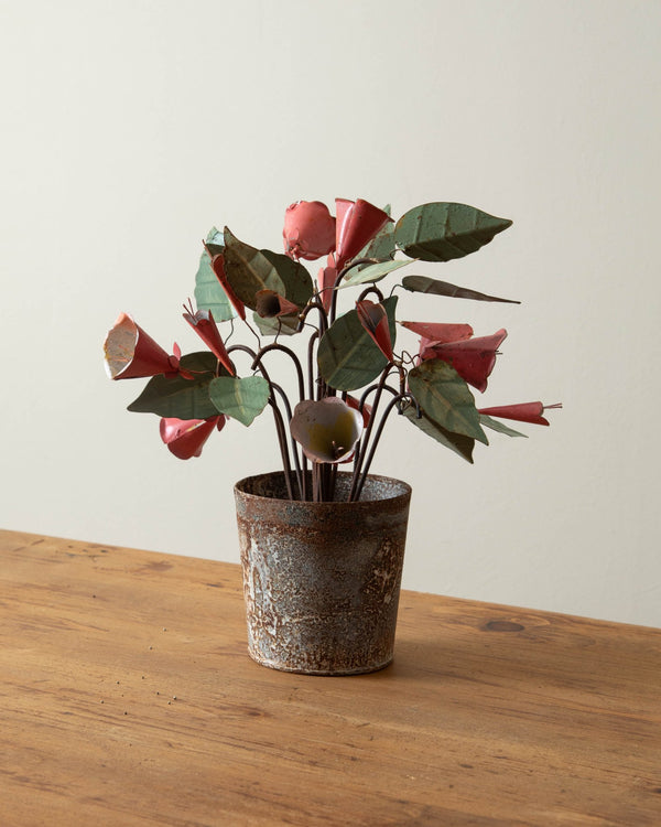 Hand - Painted Red Metal Tole Potted Flowers - Lone Fox