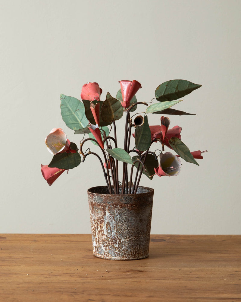 Hand - Painted Red Metal Tole Potted Flowers - Lone Fox