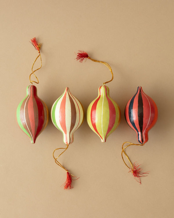 Hand - Painted Striped Paper Mache Ornaments (Set of 4) - Lone Fox