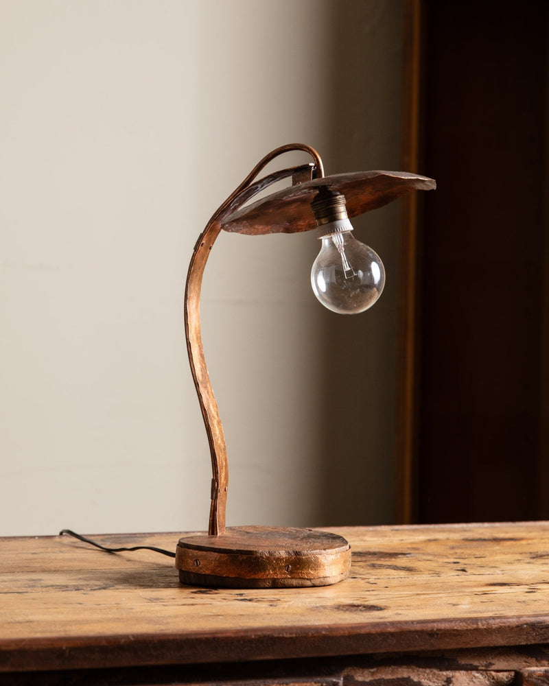Handmade Copper & Wood Table Lamp, France, 1970's - Lone Fox