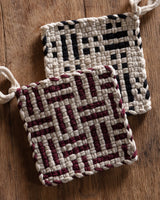 Handwoven Potholder in Flax and Burgundy - Lone Fox
