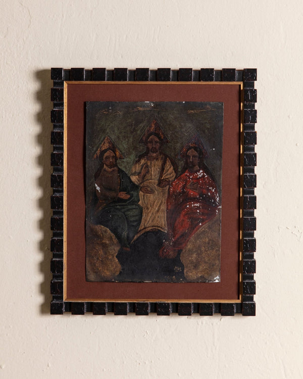 Holy Trinity Retablo Painting on Tin in Cube Frame, Mexico, Dated 1914 - Lone Fox