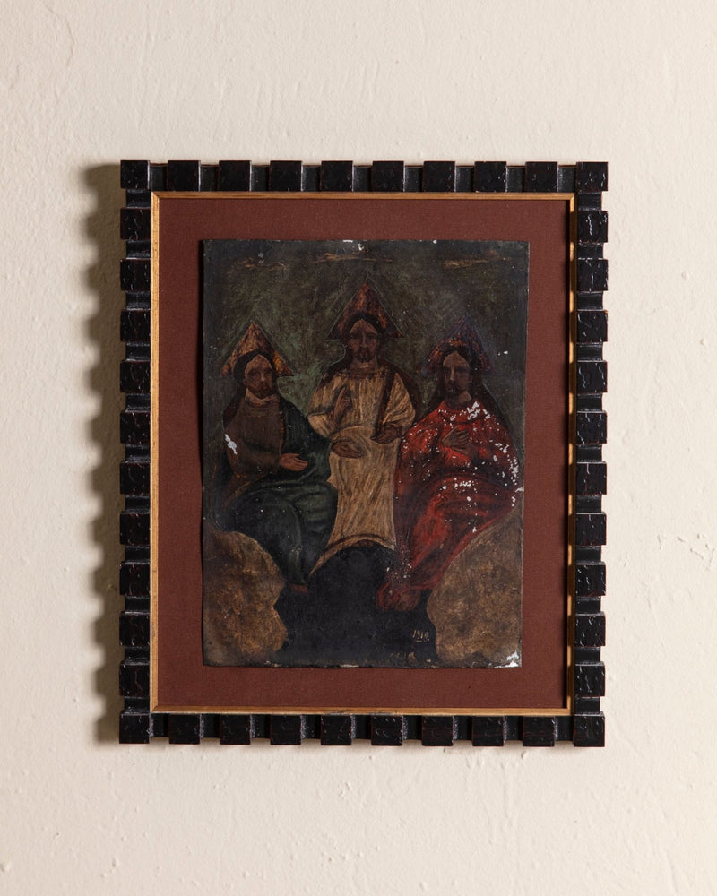 Holy Trinity Retablo Painting on Tin in Cube Frame, Mexico, Dated 1914 - Lone Fox