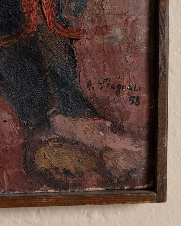 Impasto Man in Red Chair Oil Painting by Antonio Stagnoli, France, 1958 - Lone Fox