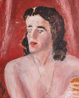Impressionist Nude Portrait on Red Acrylic Painting in Black Scalloped Frame, 1950's - Lone Fox