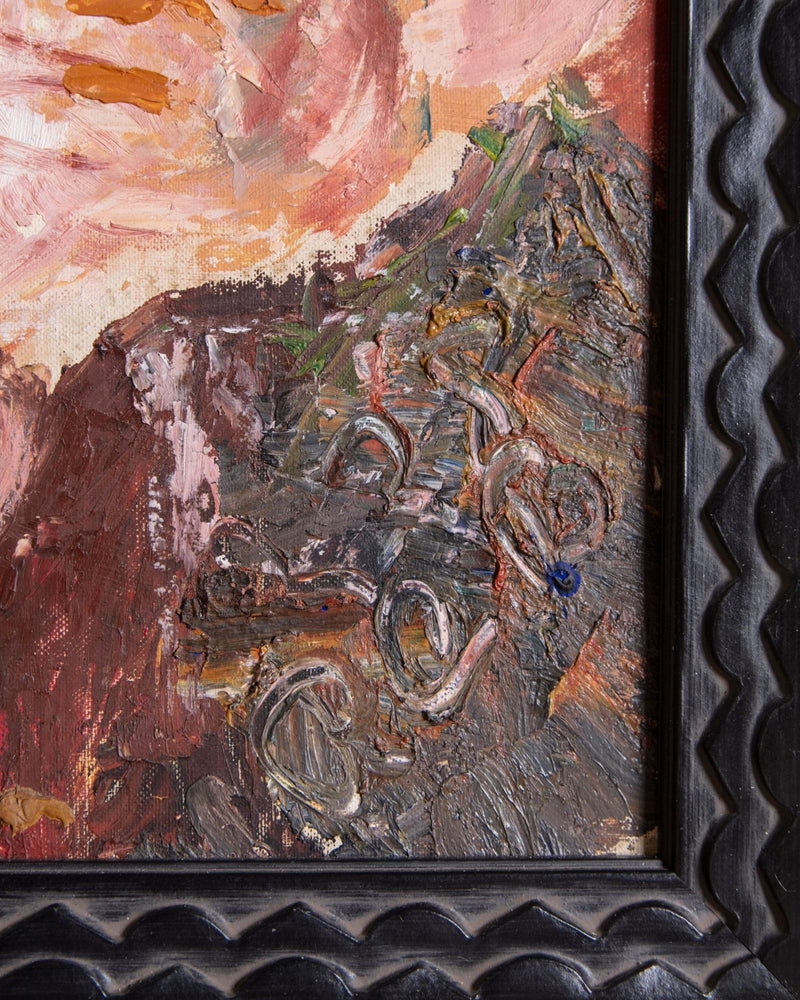 Impressionist Nude Portrait on Red Acrylic Painting in Black Scalloped Frame, 1950's - Lone Fox