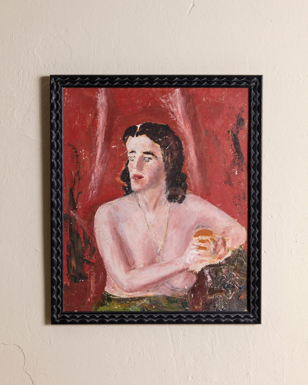 Impressionist Nude Portrait on Red Acrylic Painting in Black Scalloped Frame, 1950's - Lone Fox