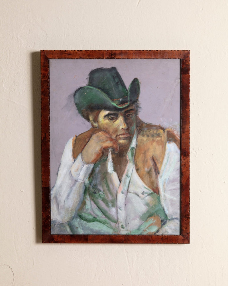 Impressionist Pastel Cowboy Portait Painting in Burl Frame, 1950's - Lone Fox