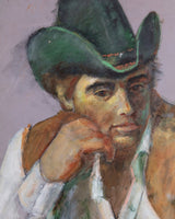 Impressionist Pastel Cowboy Portait Painting in Burl Frame, 1950's - Lone Fox