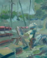 Impressionist River Market Vendors Painting in Black Bamboo Frame, 1970's - Lone Fox