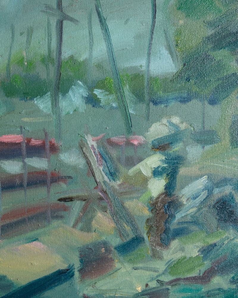 Impressionist River Market Vendors Painting in Black Bamboo Frame, 1970's - Lone Fox