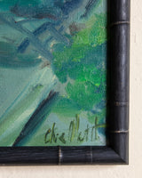 Impressionist River Market Vendors Painting in Black Bamboo Frame, 1970's - Lone Fox