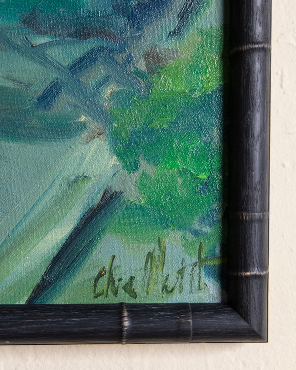 Impressionist River Market Vendors Painting in Black Bamboo Frame, 1970's - Lone Fox