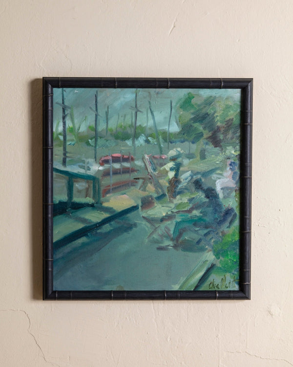 Impressionist River Market Vendors Painting in Black Bamboo Frame, 1970's - Lone Fox