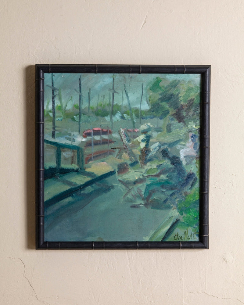 Impressionist River Market Vendors Painting in Black Bamboo Frame, 1970's - Lone Fox