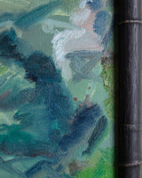 Impressionist River Market Vendors Painting in Black Bamboo Frame, 1970's - Lone Fox