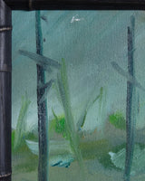 Impressionist River Market Vendors Painting in Black Bamboo Frame, 1970's - Lone Fox